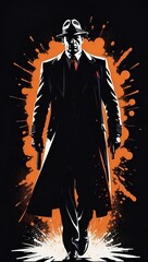 A powerful detective in black suit with gun in hand walking illustration