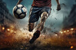 Konzept Action Fußball, Fußballspieler rennt dem Ball hinterher, Dynamische Bewegung, Schuss aufs Tor