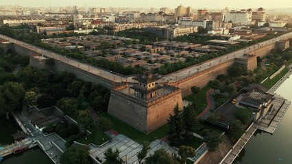 Sticker - Aerial drone view of ancient city wall of Xian city