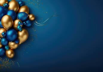 Poster - Blue and gold balloons on a dark blue background. Generative AI.