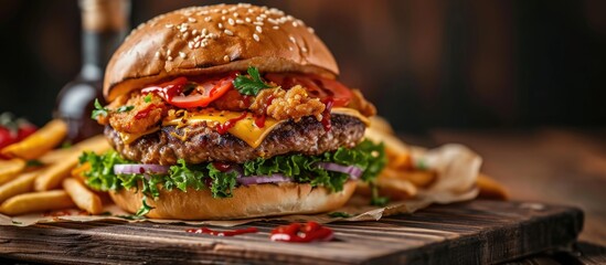 Poster - Delicious homemade burger on wooden table. Double cheeseburger with chicken and fries.