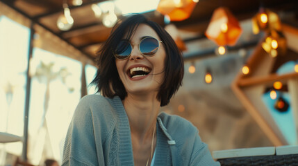 Poster - A cheerful young woman wearing round glasses and a casual sweater is laughing heartily while sitting in a caf?.