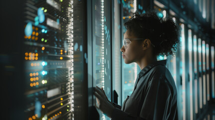 Wall Mural - An IT professional is working within the vibrant and colorful illuminated aisles of a data center, surrounded by server racks and computer equipment.