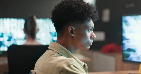 Man, writing or software engineer with coding in office or working in information technology. Developer, reading and typing on keyboard by computer screen, reflection and programming at night by desk