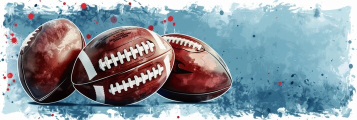 Wall Mural - Abstract Football Trio Design - Three footballs against an artistic blue background with paint splashes