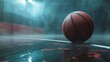 A moody scene of a basketball on a shiny wet court, with rain falling under the dim lights of a deserted arena.