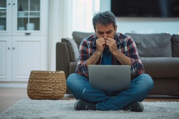 middle age man using a laptop sitting on the floor of his living room