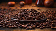 Kaffeebohnen auf einem Holztisch, Genuss von Kaffee, geröstete Kaffeebohnen