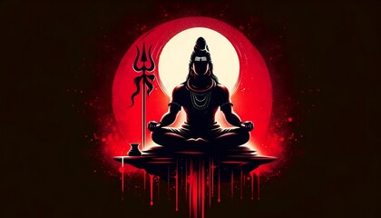 Wall Mural - Illustration in paint splatters style of lord shiva silhouette seated in a meditative pose with a trident.