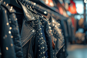 Wall Mural - Assortment of Studded Leather Jackets on Display in Fashion Retail Store