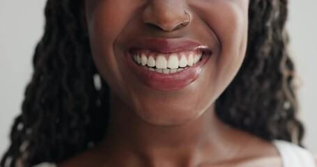 Poster - Woman, mouth and lick teeth for dental, health and wellness with cleaning for plaque on white background. Oral hygiene, face zoom and orthodontics, tongue out with veneers and happy for grooming