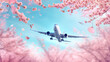 A passenger plane flies in the sky over a blooming garden