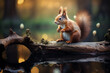Eichhörnchen im Wald auf einem Stück Holz am  Wasser, Spiegelung des Eichhörnchens im Wasser