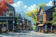 small town main street, with quaint shops, cozy cafes
