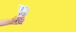 © Pixel-Shot - Female hand holding Ukrainian hryvnia banknotes on yellow background with space for text