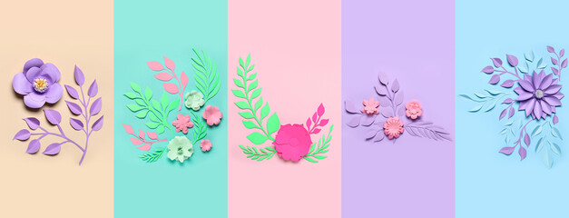 Wall Mural - Set of beautiful paper flowers and leaves on color background