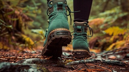 the image captures a close-up view of a hiker's feet, clad in sturdy green hiking boots, stepping fo