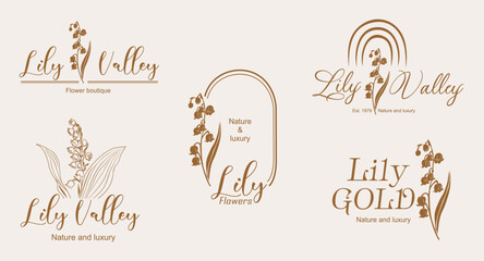 Sticker - Vector luxury logo design set in trendy linear style with Lily of the Valley flowers. Golden line art logotypes on neutral background for beauty, florist emblem, jewelry, cosmetic packaging.