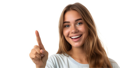 Wall Mural - a smiling woman point a right next to her face. white background