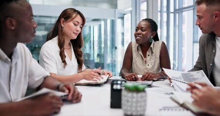 Sticker - Meeting, discussion and business people with documents in office boardroom working on project together. Collaboration, paperwork and team of professional creative designers brainstorming at workplace