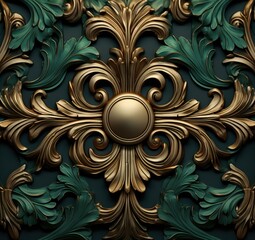 Poster - Golden floral pattern on a dark green background. Generative AI.