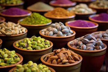 Diverse Pistachio nuts market basket. Green nutrition. Generate Ai