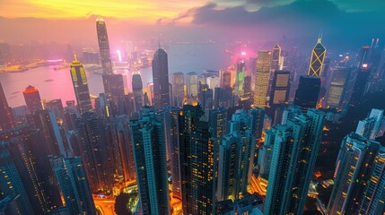 Wall Mural - Top view of metropolis big city at night with skyline and modern archtecture.