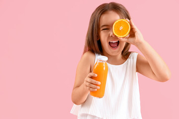 Sticker - Cute little girl with bottle of juice and orange on pink background