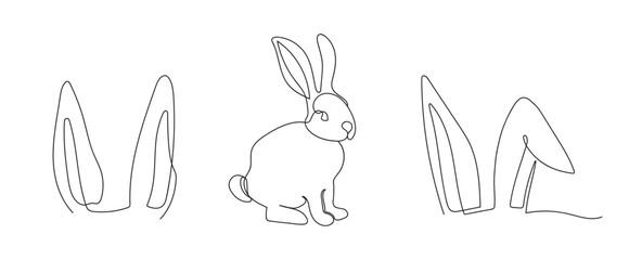 Sticker - Set of rabbit and bunny ears. Continuous one line drawing. Simple line art. Isolated on white background. Minimalist style. Design elements for print, greeting, postcard, scrapbooking
