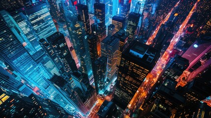 Canvas Print - Bird's eye view of city panoramic landscape at night with huge buildings