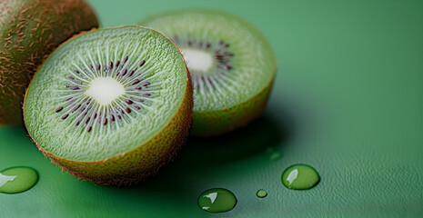 Wall Mural - 1 juicy kiwi and 1 juicy kiwi cut in half are floating on a green background