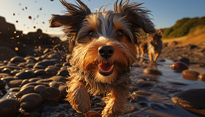 Poster - Cute terrier puppy playing in the water, enjoying the summer generated by AI