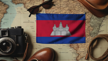 Cambodia flag lies on the map surrounded by camera, glasses, travel and tourism concept