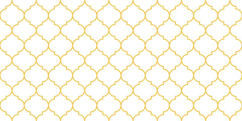 Moroccan Seamless Pattern. Gold Turkish Mosque Window Shape. Arabic Mosaic Golden Background. Eid Mubarak Muslim Ornament. Ramadan Kareem Islamic Illustration