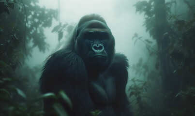 a west african mountain gorilla sits in a jungle habitat filled with mist