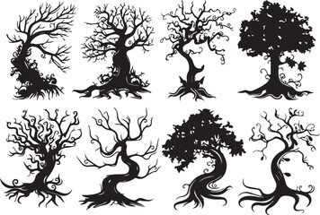  Set Trees. Hand drawn vector illustration	