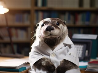 Canvas Print - An otter in a lab coat sitting at a desk. Generative AI.