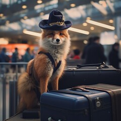 Canvas Print - A dog wearing a hat sitting on top of a suitcase. Generative AI.