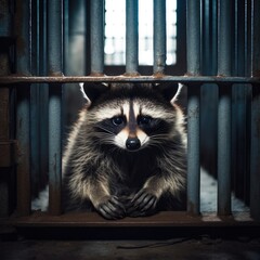 Canvas Print - A raccoon sitting in a cage looking at the camera. Generative AI.