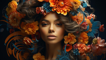 Poster - Beautiful woman with long brown hair and a flower decoration generated by AI