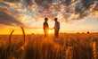 Two happy farmers shake hands wheat field under a clear blue sky. Two people in nature, wearing hats, are shaking hands wheat field under blue sky. natural landscape of the grassland makes them happy