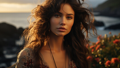 Wall Mural - Young woman with long brown hair, looking at camera, smiling generated by AI