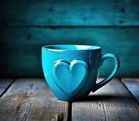 Canvas Print - A blue heart shaped coffee cup on a wooden table. Generative AI.