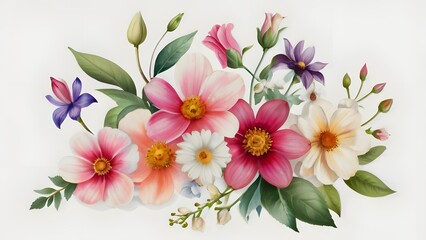 Wall Mural - Watercolor floral background. Hand painted spring flowers on white background.