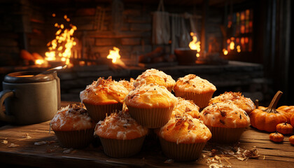 Poster - Baked pumpkin dessert, sweet heat, wood table, homemade gourmet snack generated by AI