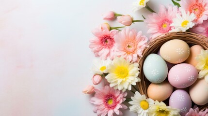 Wall Mural - Easter eggs in basket on white background. Generative AI.