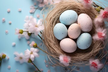 Wall Mural - Easter eggs in nest on blue background. Generative AI.