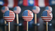 American flag pins on a dark background, suitable for Independence Day promotions and patriotic event invitations