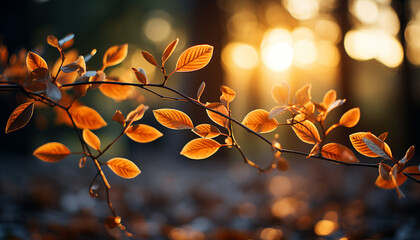 Poster - Vibrant autumn forest, illuminated by the glowing orange sunset generated by AI