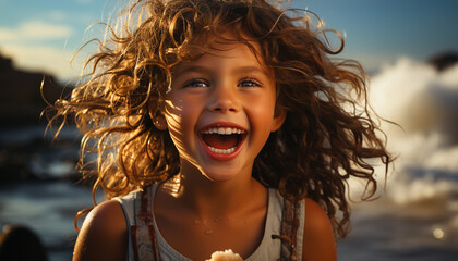 Poster - Smiling child enjoys carefree summer, laughter and joyful nature generated by AI